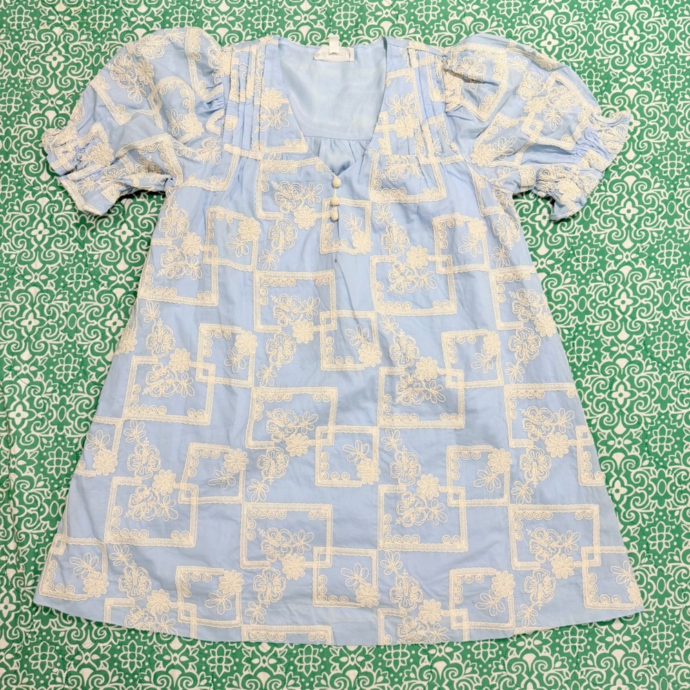 & Merci Blue Embroidered Floral Babydoll Mini Dress Puff Sleeve MDR3593 Small